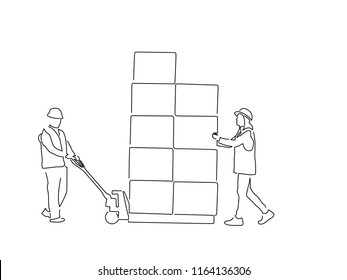 Warehouse Workers Isolated Line Drawing, Vector Illustration Design. Logistics Collection.