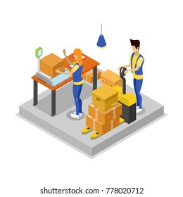 Warehouse with workers isometric 3D icon. Storage management and cargo shipping service vector illustration isolated on white background.