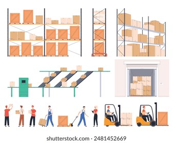 Warehouse with workers and loaders. Storage of boxes with goods and sending them to the store, to customers. Freight transportation. Logistics company. Vector illustration