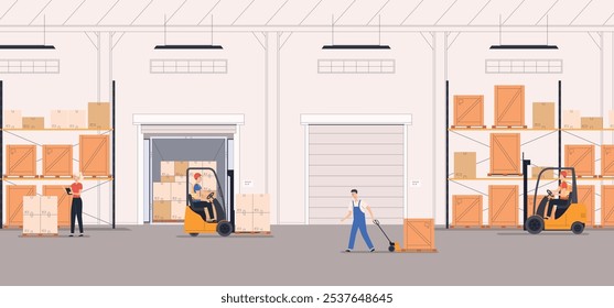 Warehouse with workers and loaders. Storage of boxes with goods and sending them to the store, to customers. Freight transportation. Logistics company. Vector illustration