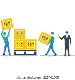 Warehouse workers, loading boxes on pallet, delivery people, relocation assets, logistics services. Vector flat design illustration