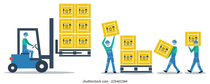 Warehouse workers, loading boxes on pallet, delivery people, relocation assets, logistics services. Vector flat design illustration