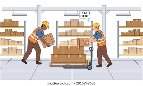 Warehouse Workers Loading Cardboard Boxes on Pallet in Modern Distribution Center Background