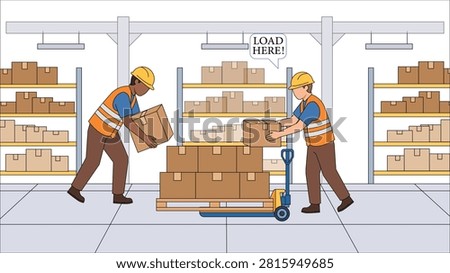 Warehouse Workers Loading Cardboard Boxes on Pallet in Modern Distribution Center Background
