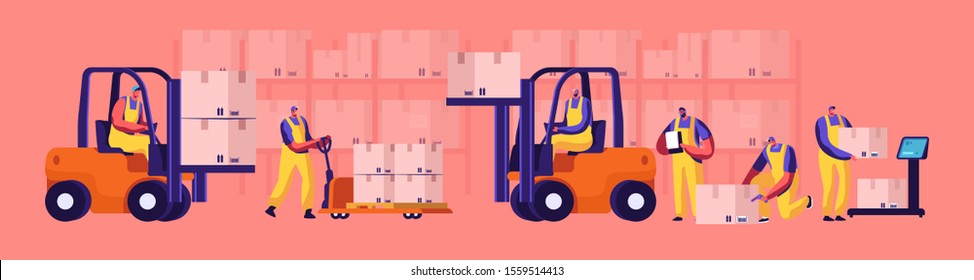 Warehouse Workers Loading, Stacking Goods with Electric Hand Lifters and Forklift Truck. Weigh Cargo on Floor Scales. Industrial Logistics and Merchandising Business. Cartoon Flat Vector Illustration