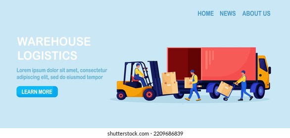 Warehouse workers loading, stacking goods with electric lifters in delivery car. Forklift truck with driver, electric uploader. Industrial logistics, delivery service. Merchandising business