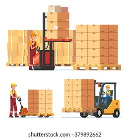 Warehouse workers loading, stacking goods with electric hand lifters and forklift truck. Modern flat style vector illustration isolated on white background.