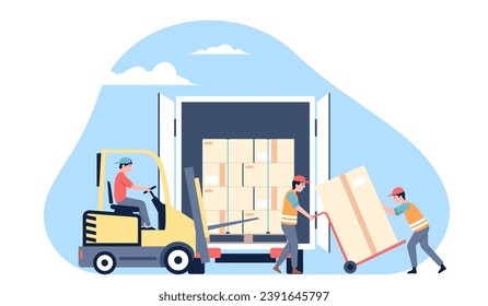 Warehouse workers. Male worker in uniform loading parcels or cargo boxes in truck. Transportation process, logistic delivery service recent vector scene