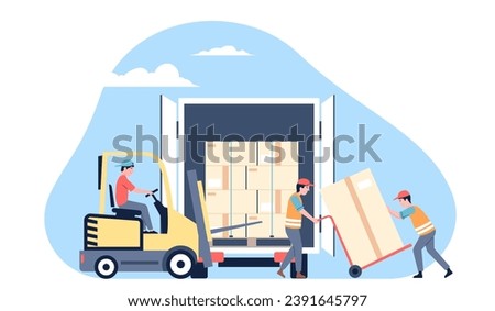 Warehouse workers. Male worker in uniform loading parcels or cargo boxes in truck. Transportation process, logistic delivery service recent vector scene