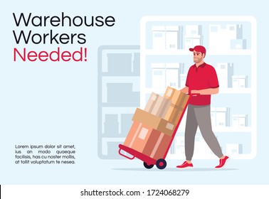 Warehouse workers needed poster template. Logistic industry hiring. Commercial flyer design with semi flat illustration. Vector cartoon promo card. Courier company vacancy advertising invitation