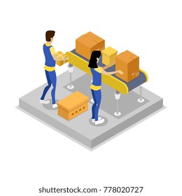Warehouse with workers on conveyor isometric 3D icon. Storage management and cargo shipping service vector illustration isolated on white background.