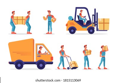 Warehouse workers with parcel boxes, delivery and shipping concept, flat isolated vector icons. Logistics and shipment process, workers carrying parcels, forklift truck loading or unloading to delivery van