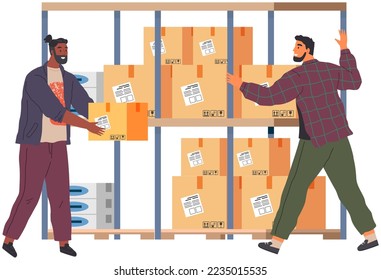 Warehouse workers put boxes with cargo on racks, inventory staff, warehouse clerk, goods inventory supervisor, delivery service. Male worker who is collecting data or making report on supply of goods