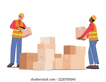 Warehouse Workers Scanning Barcode on Cargo Boxes, Checking Freight Number with Scanner. Logistics and Transportation Goods Service, Parcel Shipment, Storehouse. Cartoon People Vector Illustration