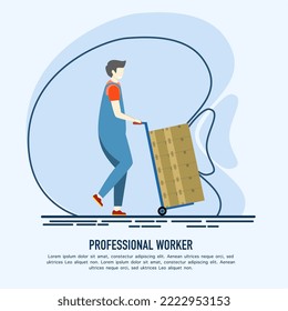 Trabajadores de almacén transportan cajas de cartón. Hombre cargando el paquete en el carrito manual con asa. Trabajar en el almacén. Ilustración vectorial plana.