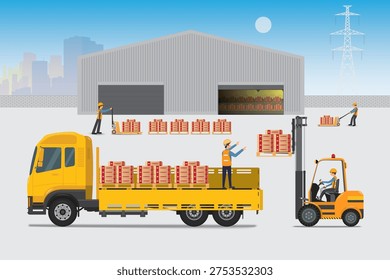 Warehouse workers use forklifts to load bags of cement onto trucks for delivery.