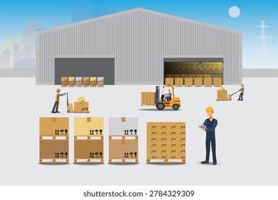 Warehouse workers use forklifts to load bags of cement onto trucks for delivery.