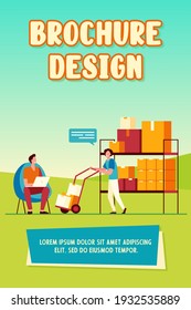 Warehouse workers using laptop and carrying boxes on wheelbarrow. Box, parcel, cargo flat vector illustration. Storage, shipping, logistics concept for banner, website design or landing web page