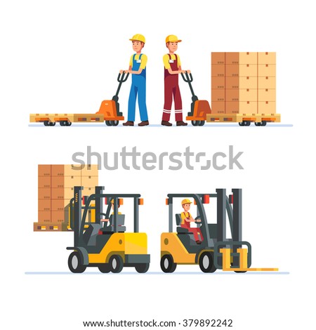 Warehouse workers working with forklifts and hand lifts. Loading and unloading goods cardboard boxes on pallets. Modern flat style vector illustration isolated on white background.