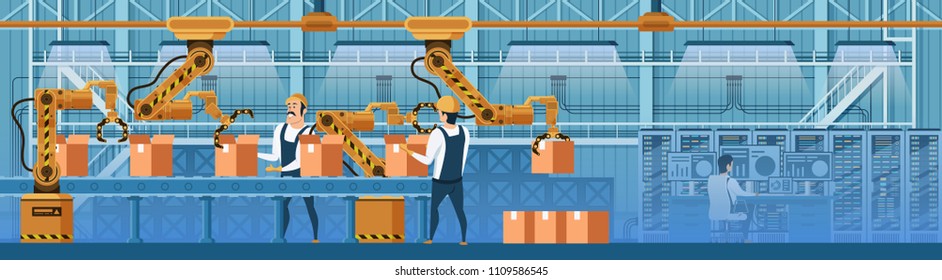 Warehouse Workers Working on Conveyor Belt Line with Robotic Hydraulic Arms, Packing Goods in Boxes, Operator on Background, Controlling Mechanism of Automated Loading Process Flat Vector Illustration