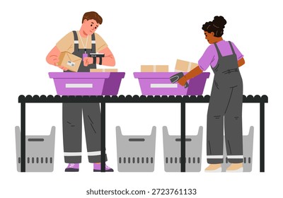 Trabajadores de almacén que trabajan en una cinta transportadora que escanea cajas con lectores láser Ilustración vectorial plana aislada en blanco.