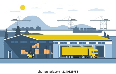 Warehouse with working forklift and truck. Vector illustration.