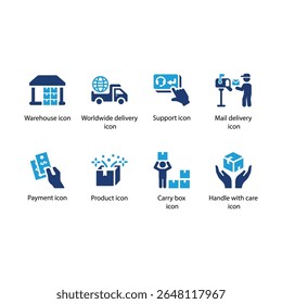 Depósito, Entrega mundial, Suporte, Entrega de correio, Pagamento, Produto, Caixa de transporte, Manusear com cuidado ícone