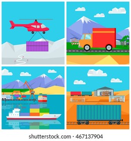 Warehouse worldwide design flat. Logistics container shipping and distribution. Transportation by water in the mountains in the desert and in the snow. Loading and unloading boxes. Vector illustration