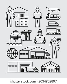 Warehouse, Worldwide Shipping, Logistics Worker, Package Delivery Related Vector Line Icons Set	
