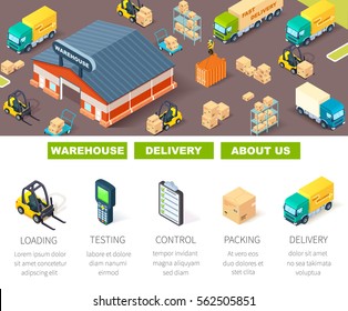 warehouse,logistic and delivery banner with vector isometric illustration of warehouse building and loading process. Ready template for web site or landing page of your company
