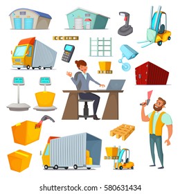 Warehouses character and object design set. Delivery and storage goods. Cartoon vector illustration