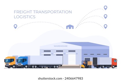 Warehouses with goods and trucks. Storage and delivery of products. Logistics centers to improve the speed and distribution of goods. Vector illustration