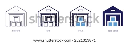 Warehouses icon in 4 different styles. Thin Line, Line, Bold, and Bold Line. Duotone style. Editable stroke.