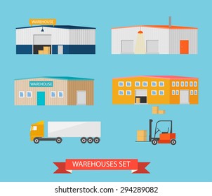 Warehouses icons set. Storehouses buildings collection, vector illustration 