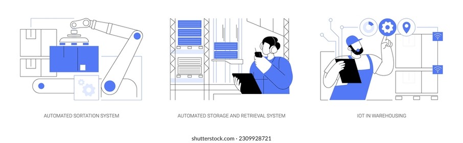 Abstraktes Vektorgrafik-Set für die Automatisierung der Lagerhaltung Roboter-Arm-Sortierung Waren in Smart Warehouse, automatisiertes Lager- und Abholsystem, IoT Bestandsverwaltung abstrakte Metapher.