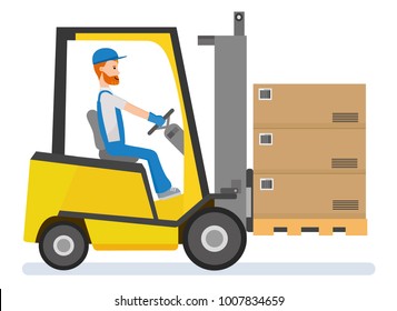 Warehousing. Forklift Driver Stacking Pallets With Boxs By Stacker Loader.