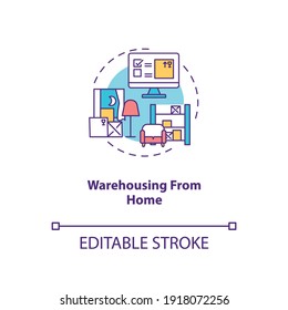 Warehousing From Home Concept Icon. Ecommerce Warehouse Solutions. Storing Products In Own House. Business Idea Thin Line Illustration. Vector Isolated Outline RGB Color Drawing. Editable Stroke