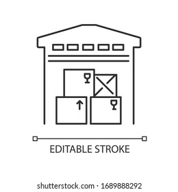 Warehousing pixel perfect linear icon. Merchandise storage, storehouse building, stockroom. Thin line customizable illustration. Contour symbol. Vector isolated outline drawing. Editable stroke