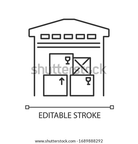 Warehousing pixel perfect linear icon. Merchandise storage, storehouse building, stockroom. Thin line customizable illustration. Contour symbol. Vector isolated outline drawing. Editable stroke