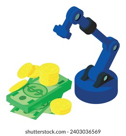 Icono de servicio de almacenamiento vector isométrico. Manipulador de almacén cerca del dinero en efectivo. Concepto logístico, servicio de almacén