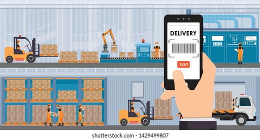 Warehousing and storage app on a smartphone with goods and boxes on shelves, freight transportation and professional workers, smart factory in Flat Vector illustration.