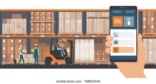 Warehousing And Storage App On A Smartphone, Goods And Boxes On Shelves In The Warehouse And Team Of Workers