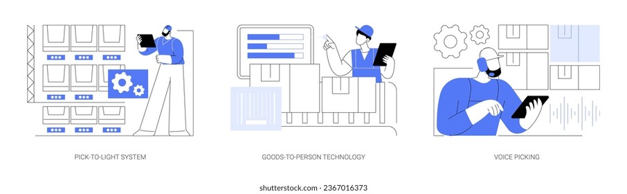 Warehousing technologies isolated cartoon vector illustrations set. Pick-to-light equipment with smart shelve, goods-to-person technology, warehouse worker use voice picking system vector cartoon.