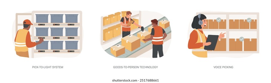 Warehousing technologies isolated cartoon vector illustrations set. Pick-to-light equipment with smart shelve, goods-to-person technology, warehouse worker use voice picking system vector cartoon.