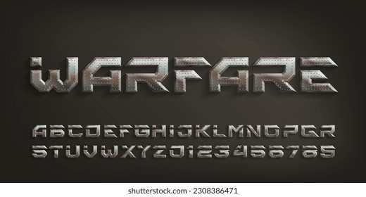 Warfare alphabet font. Distressed metal letters and numbers in futuristic style. Stock vector typeface for your design.