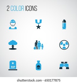 Warfare Colorful Icons Set. Collection Of Poison, Medal, Bullet And Other Elements. Also Includes Symbols Such As Explosion, Humans, Toxic.