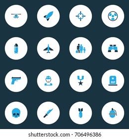 Warfare Colorful Icons Set. Collection Of Skull, Aim, Bio Hazard And Other Elements. Also Includes Symbols Such As Grave, Dynamite, Refugee.