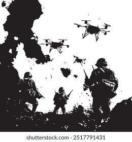 warfare with drones in the sky, military, war illustration, vector