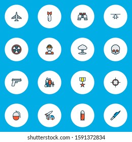 Warfare icons colored line set with binoculars, nuclear explosion, skull and other explosive elements. Isolated vector illustration warfare icons.