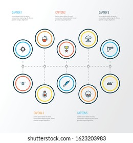 Warfare icons colored line set with nuclear explosion, military helicopter, poison and other hunting blade elements. Isolated vector illustration warfare icons.
